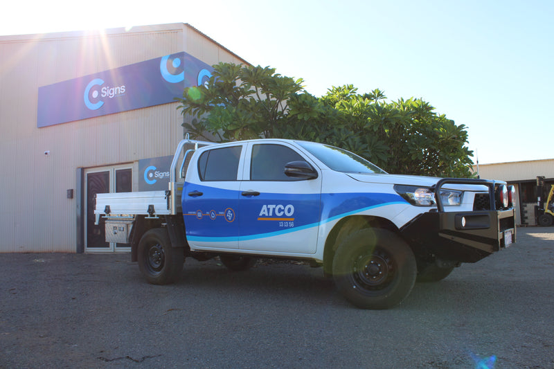 White work ute with blue vehicle wrap installed in Karratha by C Signs Pilbara