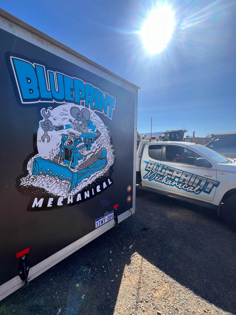Blueprint Mechanical branded trailer and vehicle signage installed in Karratha by C Signs Pilbara