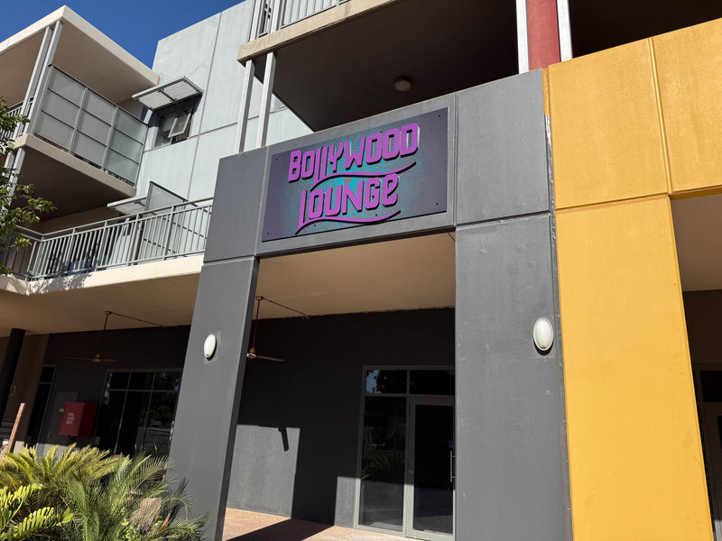 Bollywood Lounge exterior building sign mounted above the entrance, installed in Karratha by C Signs Pilbara
