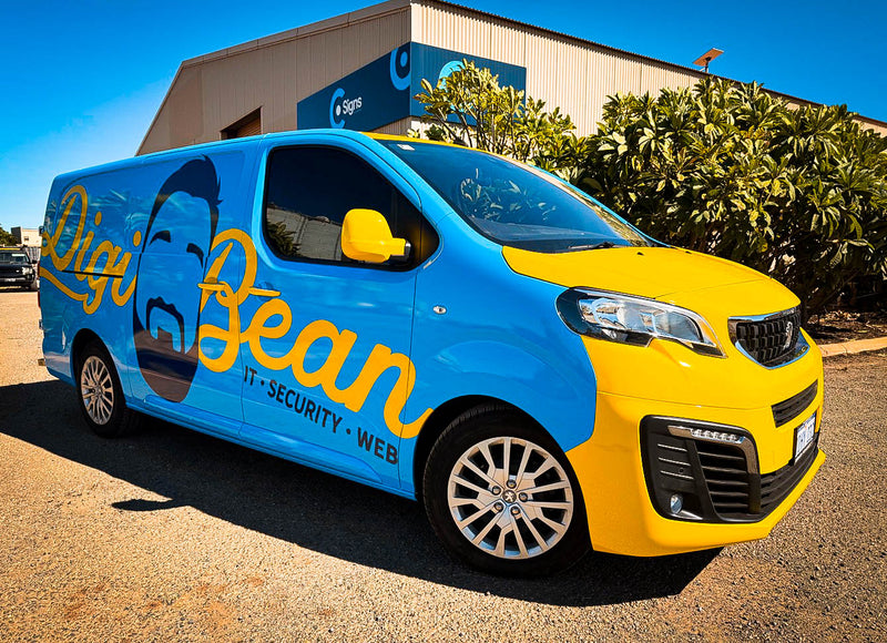 Custom blue and yellow vehicle wrap for Digi Bean installed in Karratha by C Signs Pilbara