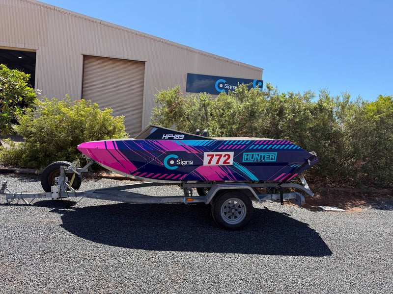 Colourful boat wrap with custom graphics installed in Karratha WA by C Signs Pilbara