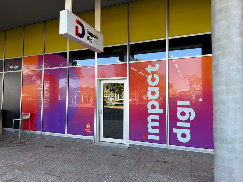 Impact Digi gradiant shopfront window graphics with bold branded vinyl panels installed in Karratha by C Signs Pilbara