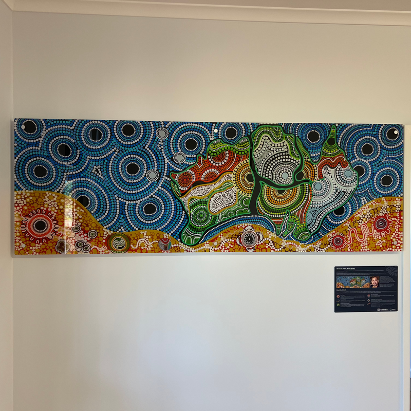 Colourful Aboriginal artwork mounted to interior wall in Karratha by C Signs 