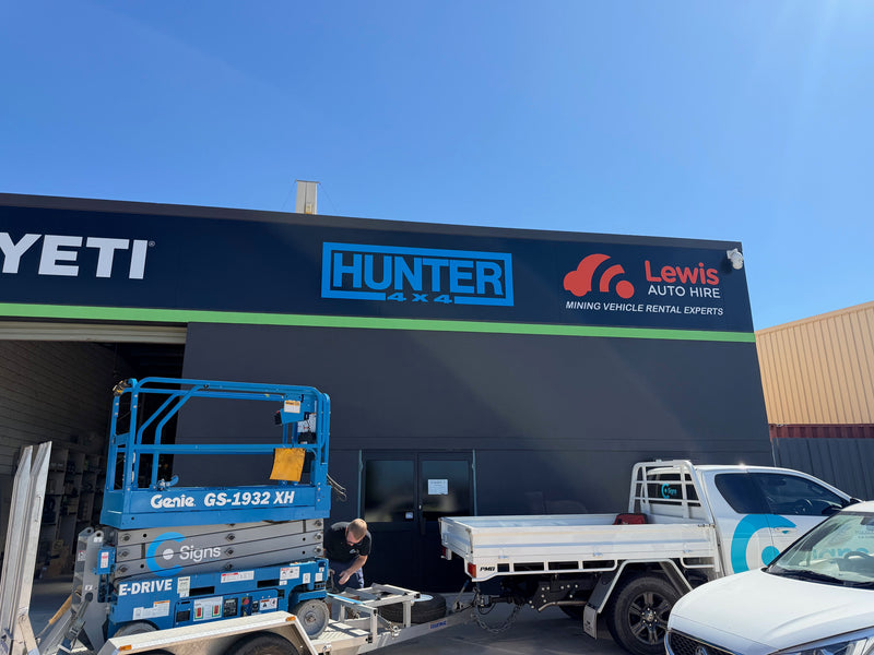 Hunter 4 by 4 and Lewis Auto Hire shopfront building signage in Karratha WA installed by C Signs Pilbara
