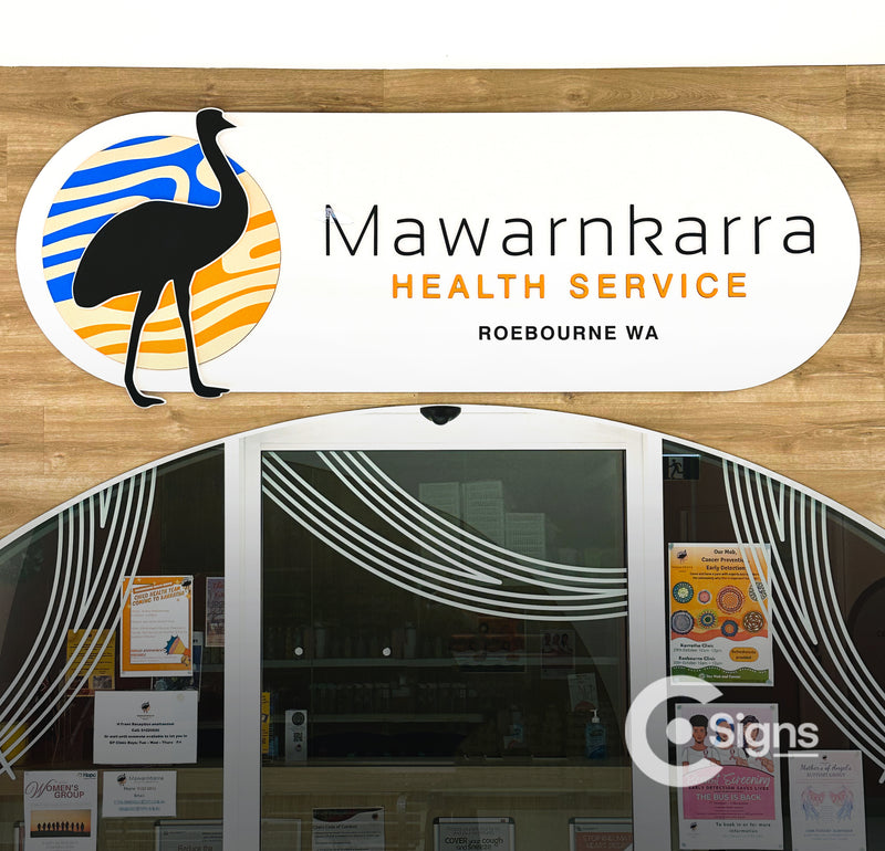 Mawarnkarra Health Service entry signage on interior building facade installed in Karratha by C Signs