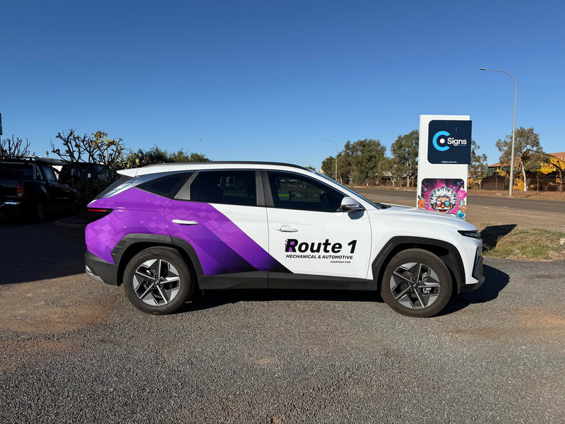 Purple vehicle graphics for Route 1 Mechanical installed on white SUV in Karratha WA by C Signs Pilbara