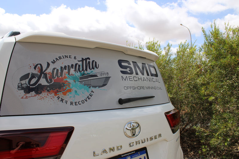 One-way vision rear window wrap on vehicle in Karratha by C Signs Pilbara