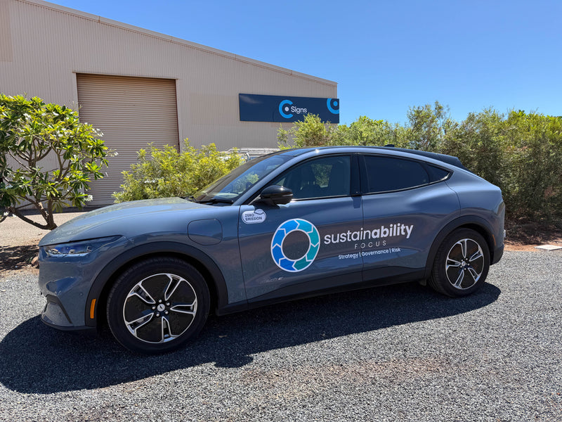 Grey Sustainability Focus branded branded vehicle with custom signage installed in Karratha by C Signs Pilbara. 