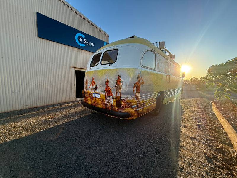 Vintage van wrapped with Aboriginal design wrap installed in Karratha WA by C Signs Pilbara